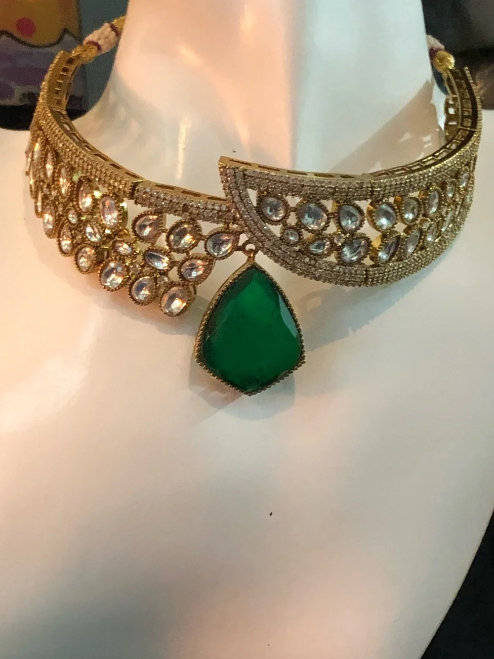 MIDEASTERN, EGYPTIAN Teardrop EMERALD Gold-Tone Necklace Pendant